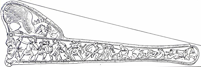 Scheide eines Akinakes (Fund nA)T31A1.jpg - Wie relativ genau die Abbildungen in Persepolis sind bzw. dass die Scheidenform des Akinakes auch leicht abweichen konnte zeigt diese Zeichnung eines Goldbeschlags einer Akinakesscheide aus einem skythischen Kurgan in Chertomlyk.